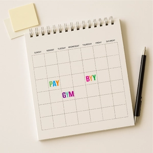 White spiral-bound monthly planner with colorful alphabet stickers for daily scheduling