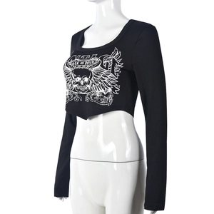 Detail of black rib-knit cropped tee with white skull rock print on white mannequin