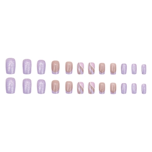 Traumhaft lila Glitzer-Aufdrücknägel mit Wellenlinien und French-Tips, 24er-Set