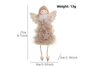 Détail de l'ange de Noël en peluche avec ailes dorées et perles en bois, hauteur 17cm