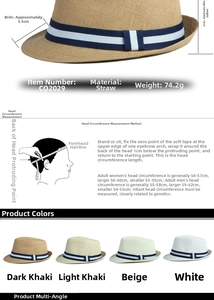 Detailed size specifications for straw Panama hats including brim width and crown depth