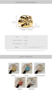 Floral shaped metallic evening bag with chain strap and detailed product dimensions