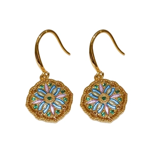 Vintage gold plated round drop earrings with colorful enamel flowers and green zircon