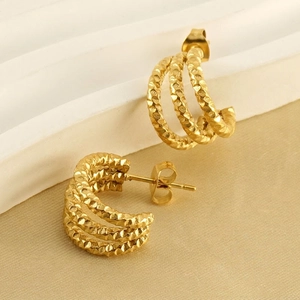 Triple Layer Hoop Earrings Hammered Texture Stainless Steel 18K Gold Plated C-Shaped Geometric Fashion Jewelry For Women
