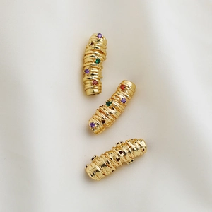 14K gold plated curved tube beads with colorful zircon inlay for DIY jewelry making