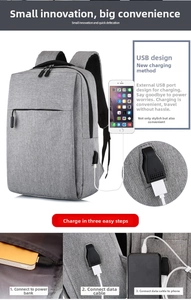 Detail of grey laptop backpack showing external USB charging port and connection steps