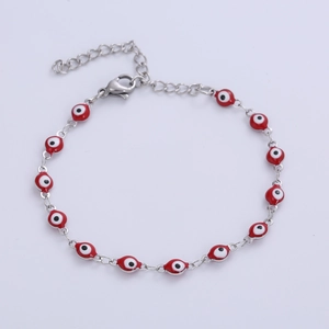 Silver stainless steel evil eye bead bracelet with red enamel charms and lobster clasp