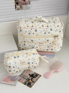 Quilted floral corduroy makeup bag set with top handle and elegant ribbon zippers