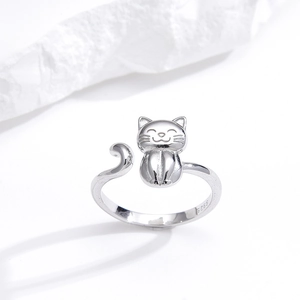 Adjustable 925 sterling silver cat open ring with minimalist cartoon design for women