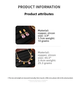 Detail of colorful zircon teardrop leaf necklace and earrings set in a black jewelry box