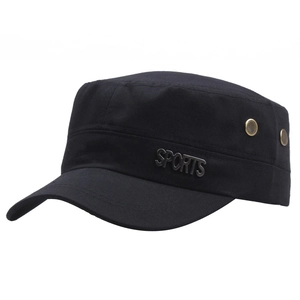 Classic black cotton flat top military cap with metal sports logo and air vents