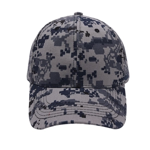Front view of a digital camouflage baseball cap in grey, dark blue, and black tones