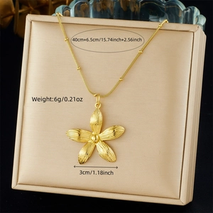 Detail view of flower pendant necklace in gift box with size and weight specifications