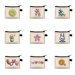 Cute Mini Coin Purse 3D Puff Floral Bunny Heart Print Zipper Canvas Pouch Portable Small Storage Bag For Students Kids