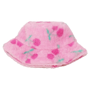 Close-up of soft pink plush bucket hat featuring vibrant cherry embroidery details