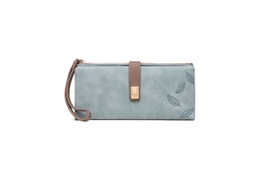 Detail of blue matte leather long wallet with leaf pattern and brown wrist strap