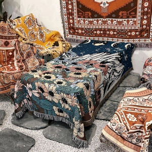 Bohemian woven throw blanket with Van Gogh sunflower and starry sky design and tassels