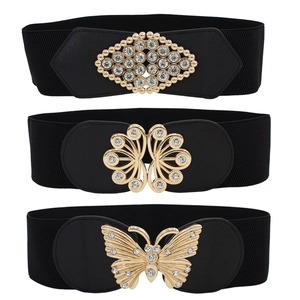 Women Wide Elastic Waist Belt PU Leather Rhinestone Butterfly Interlocking Buckle Cinch Corset Waistband For Dresses