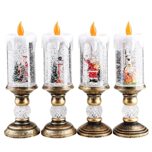 Set of 4 Christmas LED snow globe candle lights with vintage gold bases and figurines