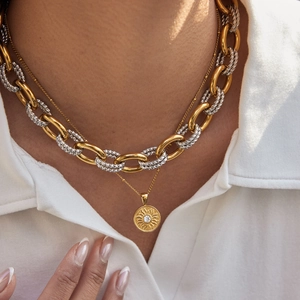 Classic 18K gold stainless steel sun star and moon layered necklace with rhinestones
