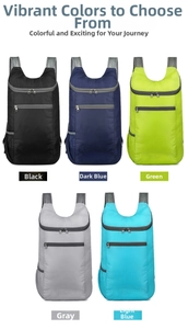 Detail view of foldable outdoor backpacks in five colors with mesh pockets and dual zippers