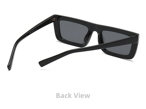 Rear view of stylish square sunglasses featuring wide temples and glossy black frames