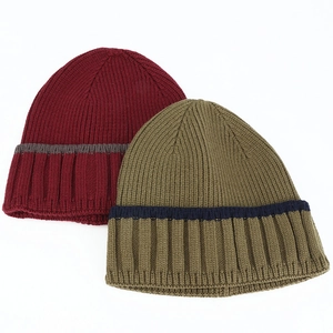 Detailed ribbed knit texture on burgundy and olive green winter beanies with stripes