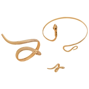 Detailed view of the gold snake-shaped jewelry set including arm cuff, bracelet and ring