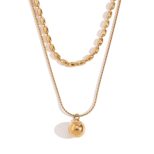 Double-layered 18K gold plated stainless steel necklace featuring beads and a ball pendant