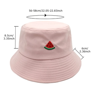 Pink cotton bucket hat with watermelon embroidery and size measurements 56-58cm