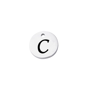 Polished silver stainless steel round pendant with laser-engraved letter C detail