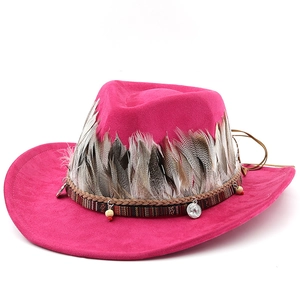 Détails du chapeau de cowboy en daim rose avec plumes et ruban perlé style ethnique