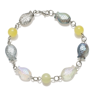 Rainbow fish charm beaded bracelet with yellow crystals and silver metal chain