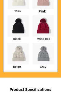 Grid display of thick knit beanies with faux fur pom-poms in six distinct winter colors
