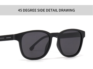 Detail view of matte black TR sunglasses frame with ergonomic 45-degree side angle display