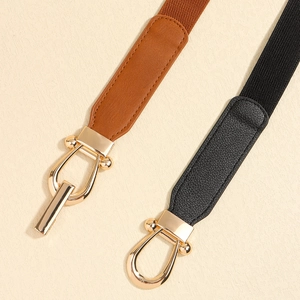 Elastic waist belt with brown and black PU leather stitching and golden horseshoe buckle