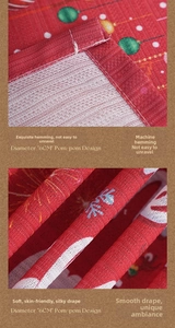 Close-up of red Christmas tablecloth with reindeer and snowflake print with fine hem
