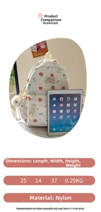 Detailed size specifications of white strawberry backpack with nylon fabric specs