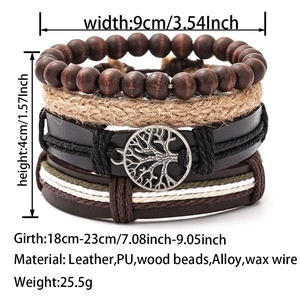 Detailed view of layered leather bracelet set with tree of life charm and size dimensions