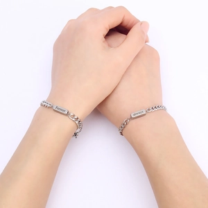 Silver stainless steel couple bracelets with Forever and Always engraved metal plates