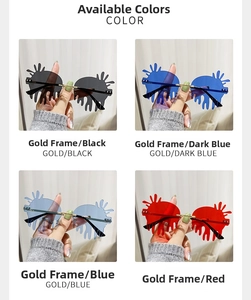 Close-up of frameless teardrop sunglasses in black, blue, and red with gold frames