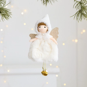 Plush Christmas angel doll hanging ornament with white embroidery dress and gold wings