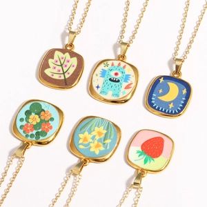 Enamel Square Pendant Necklace Vintage Oil Painting Style Gold Plated Evil Eye Floral Mushroom Jewelry For Women
