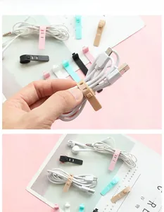 Close-up of colorful silicone cable ties for organizing earphone and USB data wires
