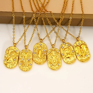 Sternzeichen Kette 304 Edelstahl Vergoldet Oval Relief Anhänger Zirkonia Vintage Konstellation Schmuck Für Damen