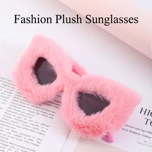 Pink faux fur cat-eye sunglasses with dark lenses for fashion party wear