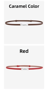 Slim leather belts in caramel and red with silver rectangular buckles for dresses
