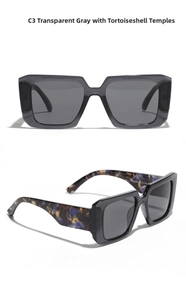 Detail view of oversized square sunglasses featuring transparent grey frames and tortoiseshell temples
