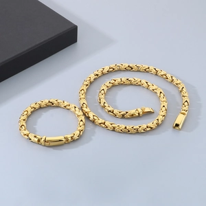 Detailed view of golden Byzantine chain necklace and bracelet set with box packaging