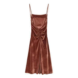 Women velvet camisole midi dress in bronze red with ruched back detailing on white background